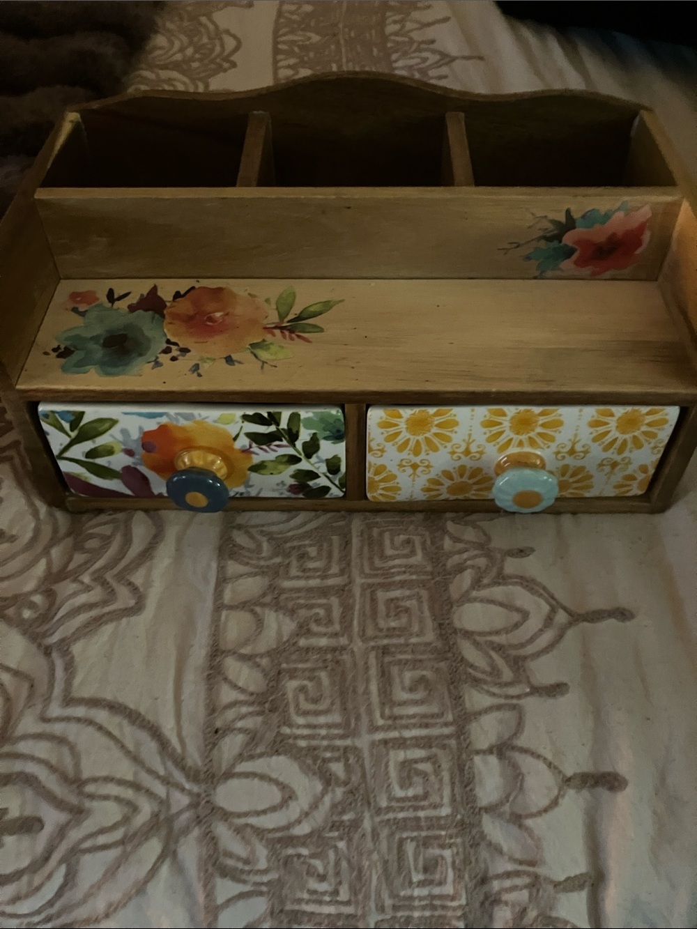 Decorative Floral Wooden Desk Organizer with Two Drawers - Yellow